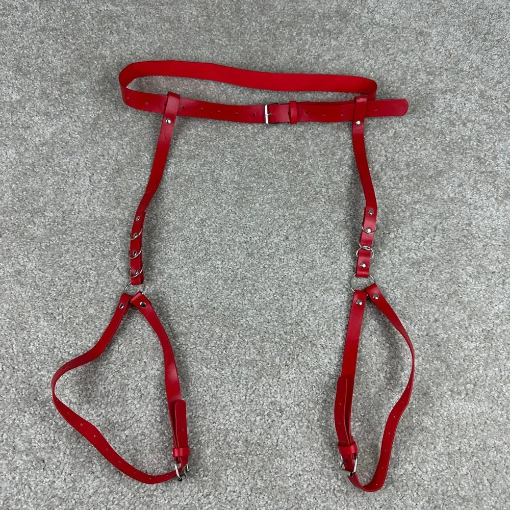 Red Faux Leather Leg Garter Body Harness Belt Punk Goth Festival Rave Edgy Alt